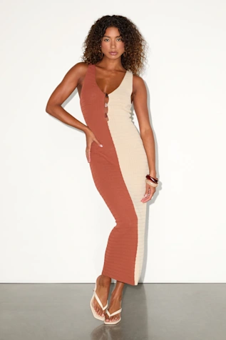 Light Beige Textured Knit Midi Dress