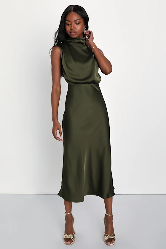 Distinctive Olive Green Asymmetrical Midi Dress