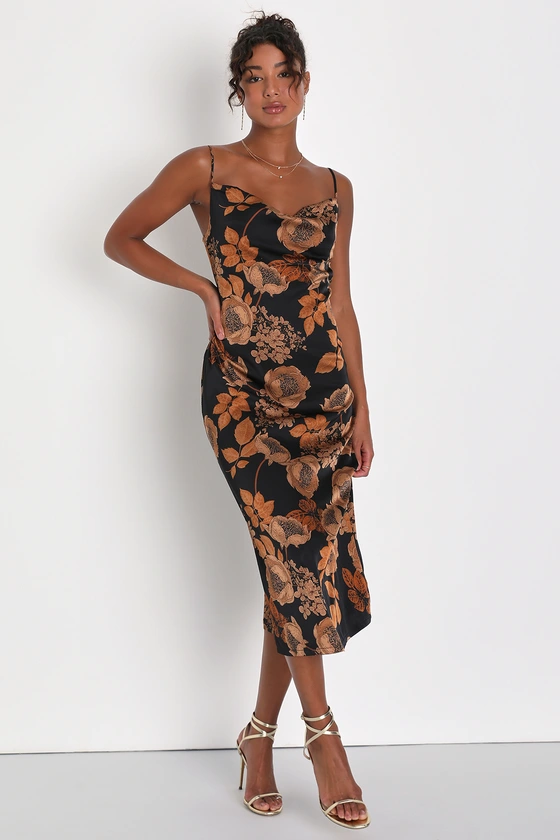 Black Satin Floral Slip Dress