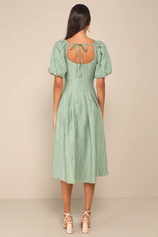 Heavenly Sage Pleated Puff Sleeve Dress
